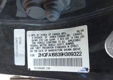 2009 Honda Civic Ex from USA, damaged, VIN 2HGFA16839H309322